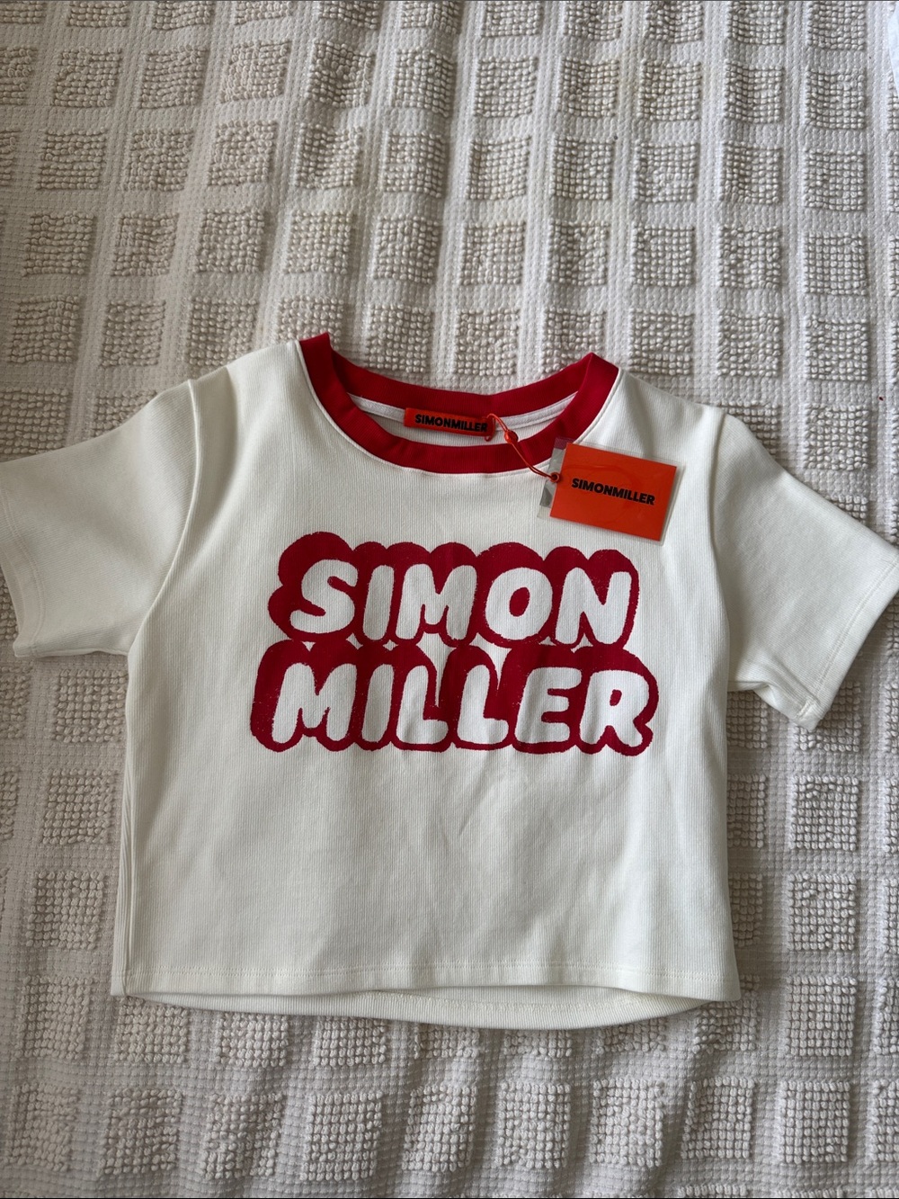 Simon Miller White Crop Tee with Red Logo and Trim